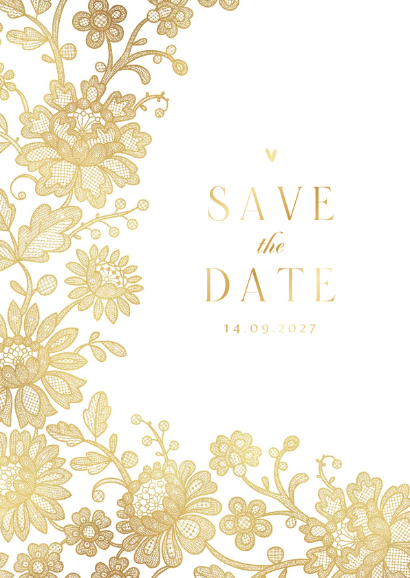 Trouwkaarten - Trouwkaart save the date vintage kant goud bloemen hartjes