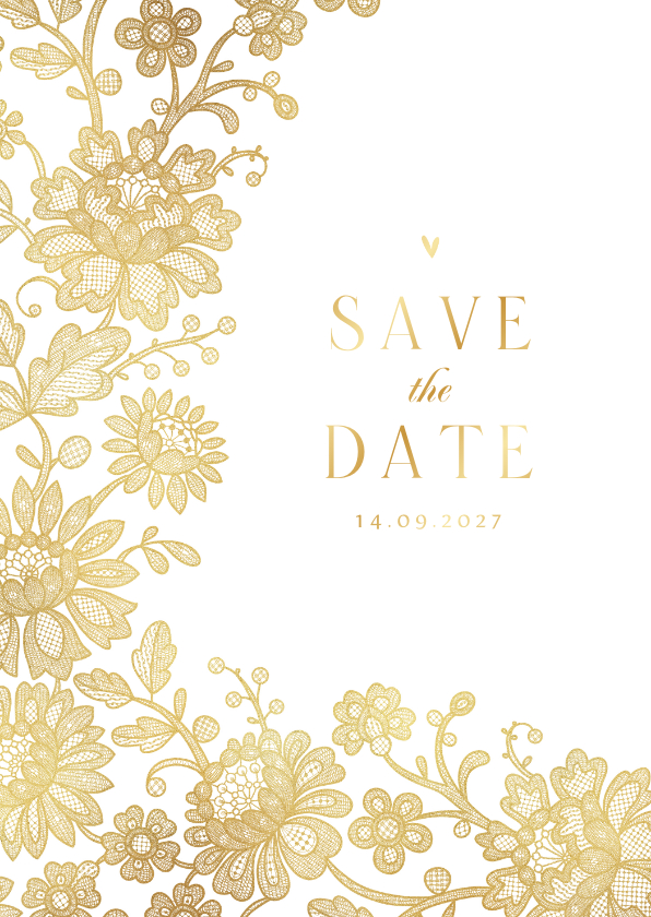 Trouwkaart save the date vintage kant goud bloemen hartjes - Trouwkaarten Trouwkaarten - Trouwkaart save the date vintage kant goud bloemen hartjes