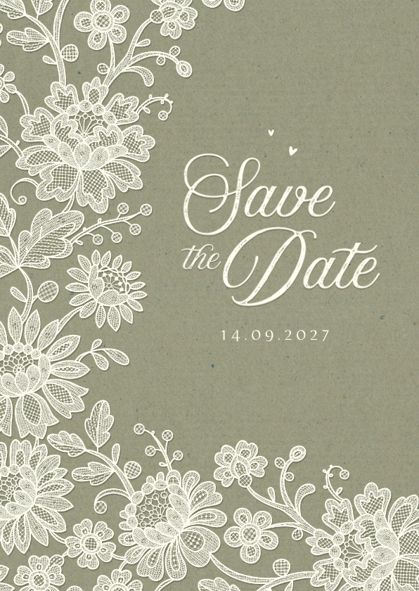 Trouwkaart save the date vintage kant kraft groen klassiek - Trouwkaarten Trouwkaarten - Trouwkaart save the date vintage kant kraft groen klassiek