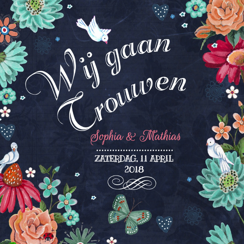 Trouwkaart Schoolbord bloemen - Trouwkaarten Trouwkaarten - Trouwkaart Schoolbord bloemen