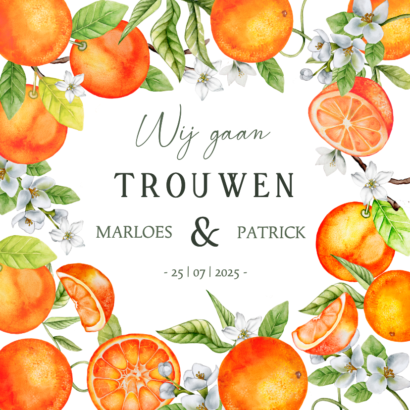Trouwkaarten - Trouwkaart sinaasappels bloesem
