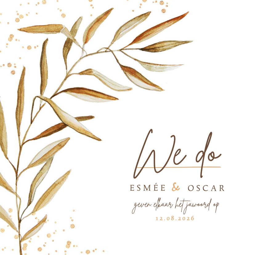 Trouwkaart stijlvol Bohemian gedroogd takje goud - Trouwkaarten Trouwkaarten - Trouwkaart stijlvol Bohemian gedroogd takje goud
