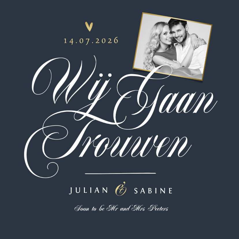 Trouwkaarten - Trouwkaart stijlvol kalligrafie hartjes goud chique foto