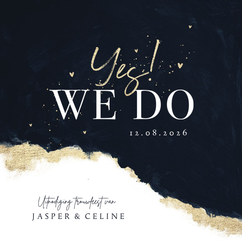 Trouwkaarten - Trouwkaart stijlvol verf goud hartjes inkt