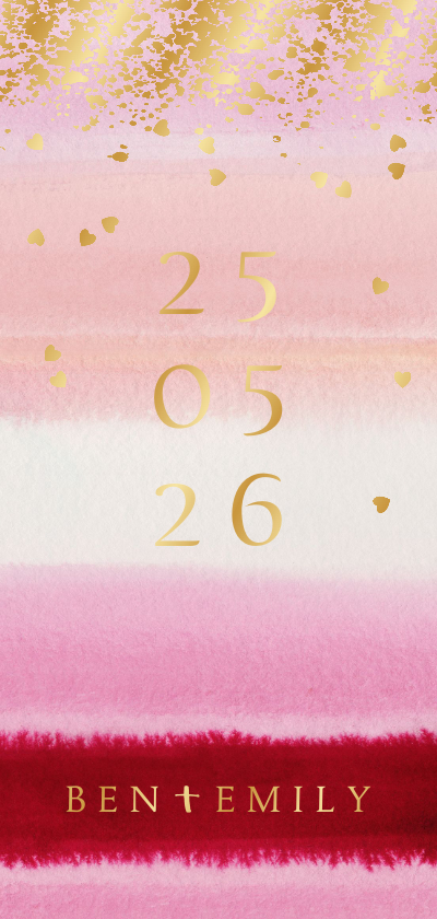 Trouwkaart stijlvol watercolour datum hartjes goud - Trouwkaarten Trouwkaarten - Trouwkaart stijlvol watercolour datum hartjes goud
