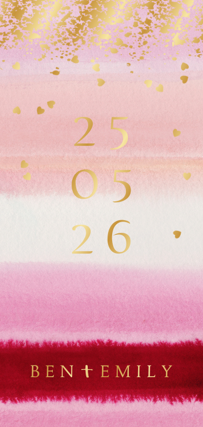 Trouwkaart stijlvol watercolour datum hartjes goud - Trouwkaarten Trouwkaarten - Trouwkaart stijlvol watercolour datum hartjes goud