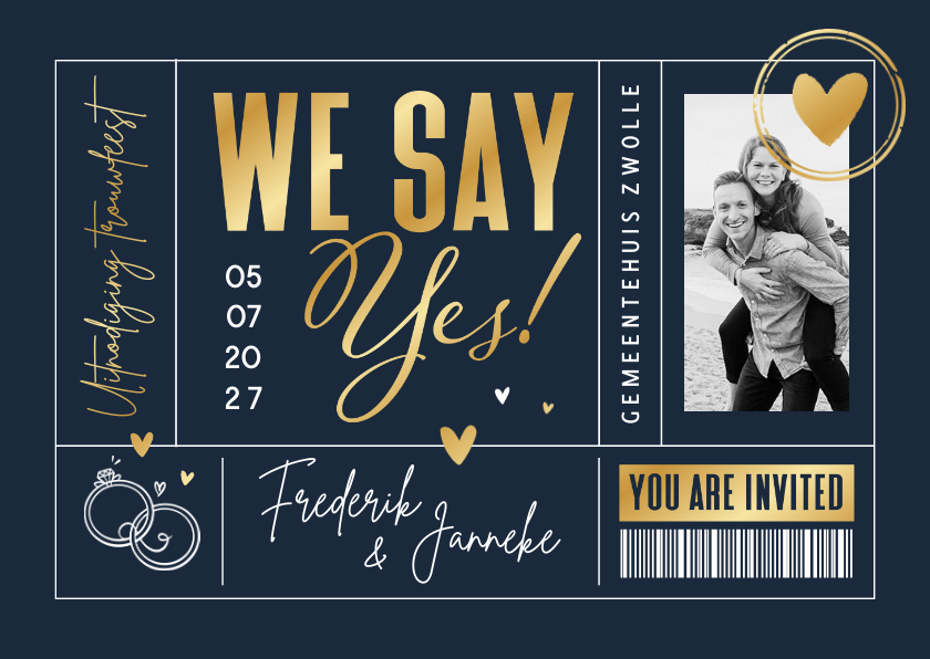 Trouwkaarten -  Trouwkaart ticket hartje ringen foto goud uitnodiging foto