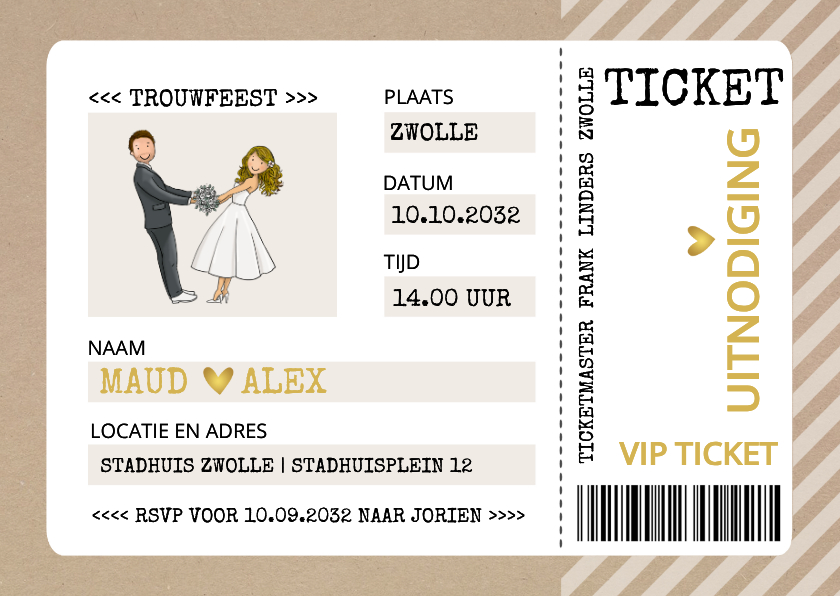 Trouwkaarten - Trouwkaart ticket kraftlook met bruidspaar