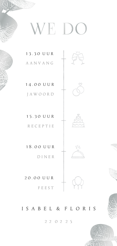 Trouwkaart tijdlijn eucalyptustak in zilver - Trouwkaarten Trouwkaarten - Trouwkaart tijdlijn eucalyptustak in zilver