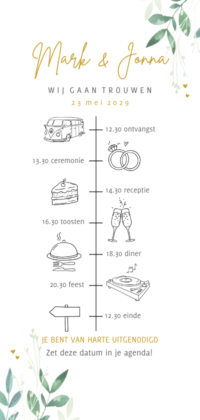 Trouwkaart tijdlijn met illustraties en takjes Trouwkaart tijdlijn met illustraties en takjes