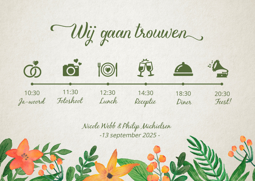 Trouwkaart tijdlijn retro bloem - Trouwkaarten Trouwkaarten - Trouwkaart tijdlijn retro bloem