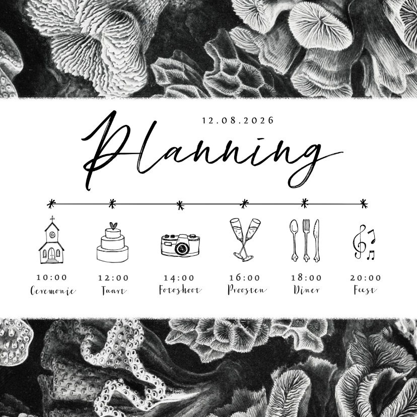 Trouwkaarten - Trouwkaart tijdlijn zwart wit koraal onderwater planning