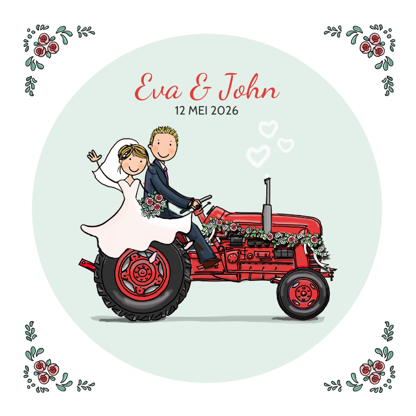 Trouwkaart tractor Anet Illustraties - Trouwkaarten Trouwkaarten - Trouwkaart tractor Anet Illustraties