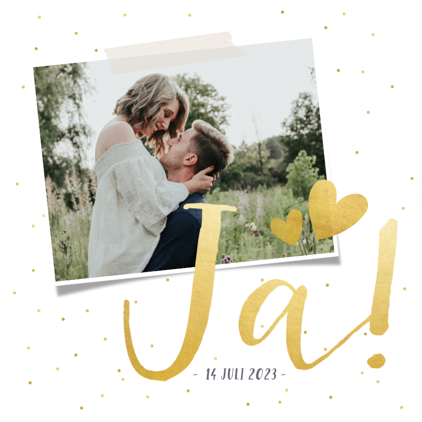 Trouwkaart uitnodiging met een gouden tekst Ja en eigen foto - Trouwkaarten Trouwkaarten - Trouwkaart uitnodiging met een gouden tekst Ja en eigen foto