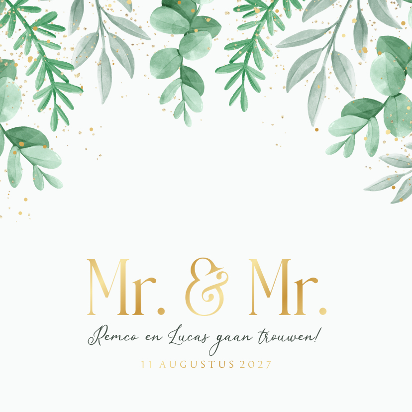 Trouwkaarten - Trouwkaart uitnodiging Mr and Mr gay eucalyptus goud 