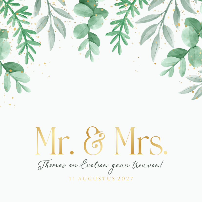 Trouwkaart uitnodiging Mr and Mrs eucalyptus goud Trouwkaart uitnodiging Mr and Mrs eucalyptus goud