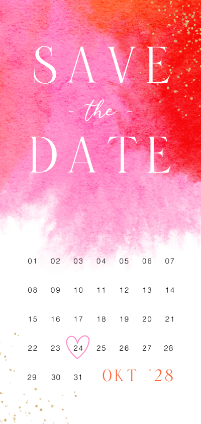 Trouwkaarten - Trouwkaart uitnodiging save the date kalender waterverf roze