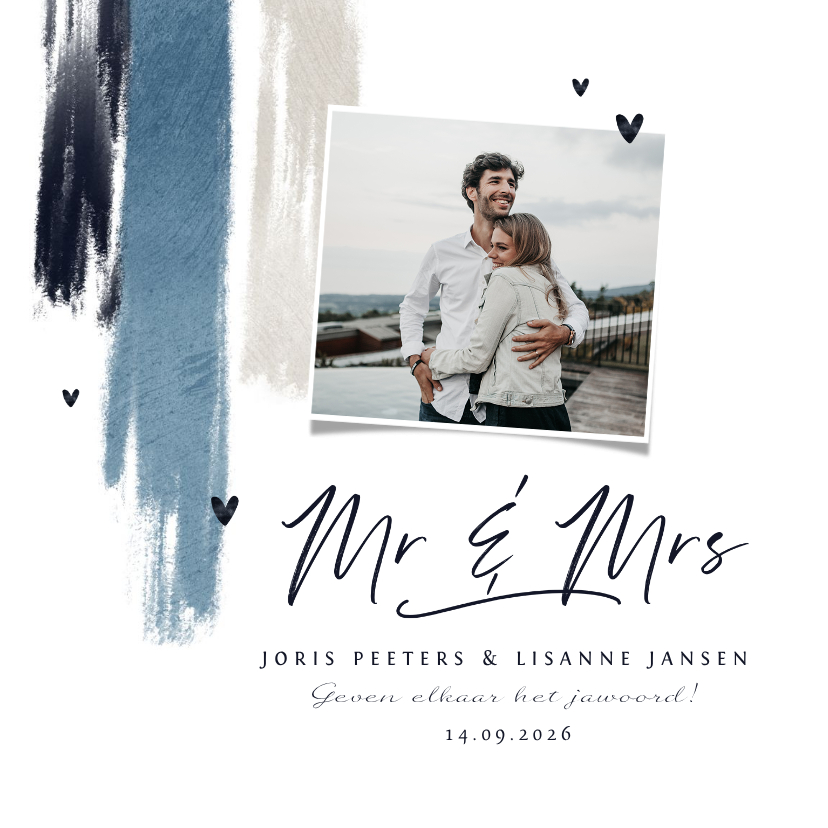 Trouwkaart uitnodiging stijlvol blauw verf hartjes foto - Trouwkaarten Trouwkaarten - Trouwkaart uitnodiging stijlvol blauw verf hartjes foto