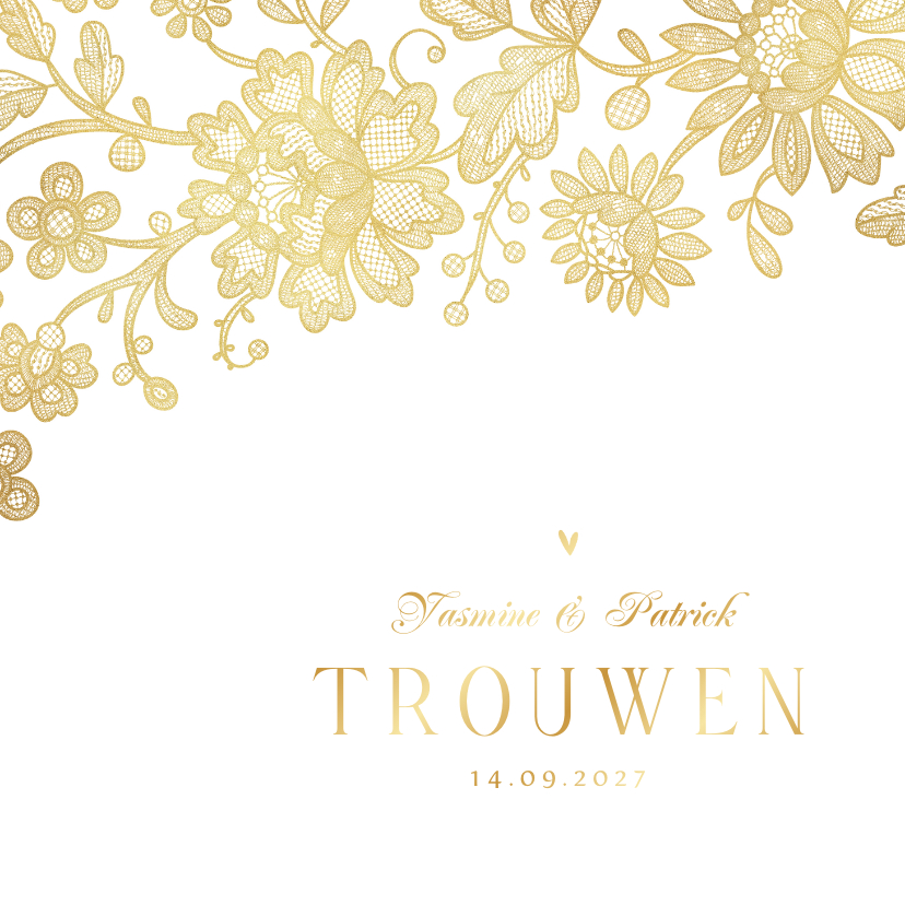 Trouwkaart vintage kant goud bloemen hartjes - Trouwkaarten Trouwkaarten - Trouwkaart vintage kant goud bloemen hartjes