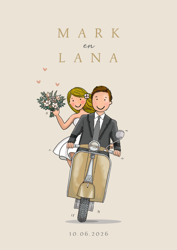 Trouwkaarten - Trouwkaart voorkant scooter goud met bruidspaar