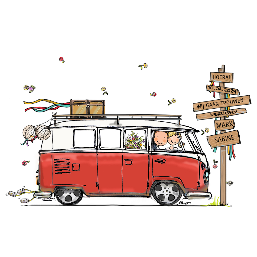 Trouwkaarten - Trouwkaart VW bus rood - AV