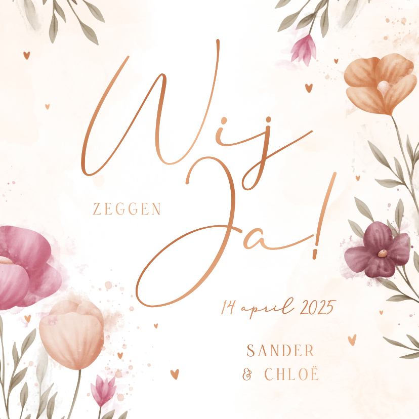Trouwkaart waterverf bloemen met koperen hartjes - Trouwkaarten Trouwkaarten - Trouwkaart waterverf bloemen met koperen hartjes