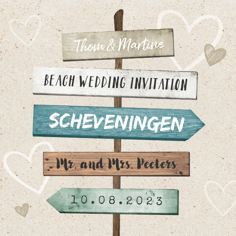 Trouwkaarten - Trouwkaart wegwijzers strand hartjes