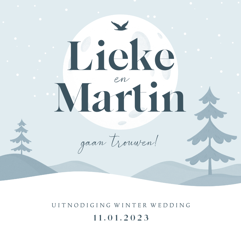 Trouwkaart winter illustratie landschap sneeuw uitnodiging - Trouwkaarten Trouwkaarten - Trouwkaart winter illustratie landschap sneeuw uitnodiging