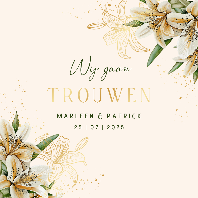 Trouwkaart witte lelie met goudfolie - Trouwkaarten Trouwkaarten - Trouwkaart witte lelie met goudfolie