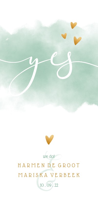 Trouwkaart 'YES' met waterverf en gouden hartjes