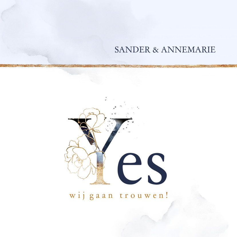 Trouwkaart 'Yes' rozen blauw en goud - Trouwkaarten Trouwkaarten - Trouwkaart 'Yes' rozen blauw en goud