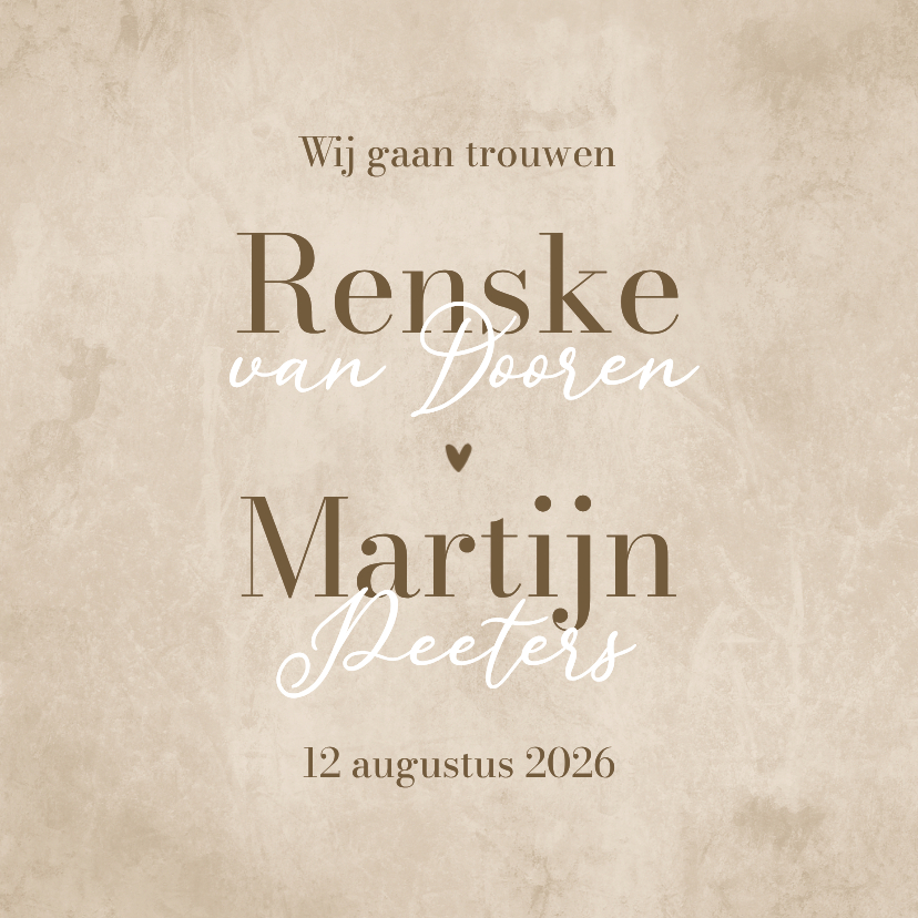 Trouwkaarten - Trouwkaart zandkleurig natuurlijk stijlvol hartje