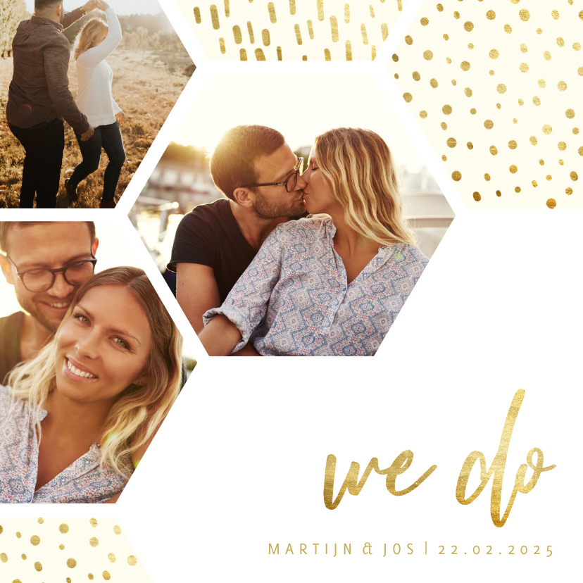 Trouwkaart zeshoek fotocollage met gouden confetti - Trouwkaarten Trouwkaarten - Trouwkaart zeshoek fotocollage met gouden confetti