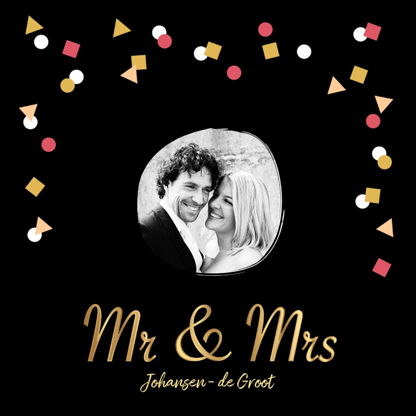 Trouwkaart zwart foto confetti goud - Trouwkaarten Trouwkaarten - Trouwkaart zwart foto confetti goud