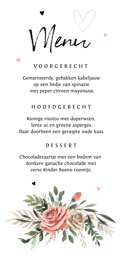Trouwmenu kaart Bohemian bloemen met hartjes - Trouwkaarten Trouwkaarten - Trouwmenu kaart Bohemian bloemen met hartjes