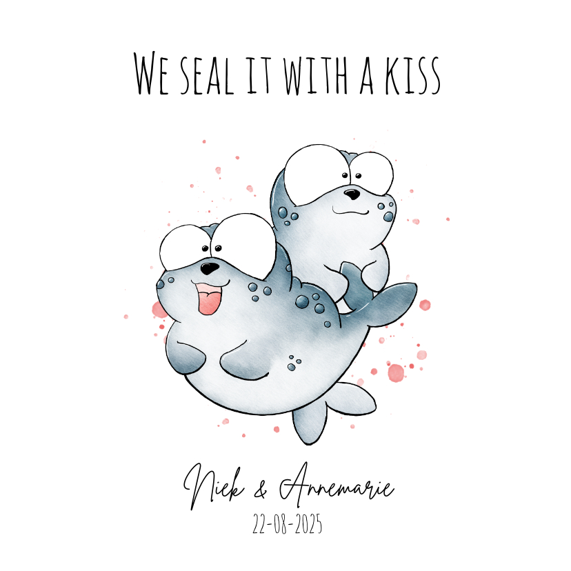 Trouwkaarten - Trouwuitnodiging zeehondjes - We seal it with a kiss