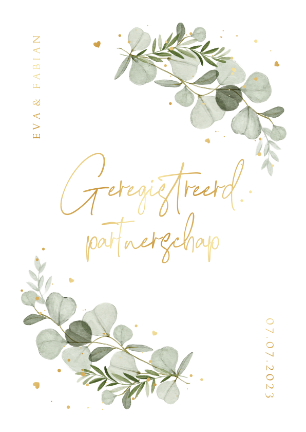 Uitnodiging geregistreerd partnerschap goud eucalyptus - Trouwkaarten Trouwkaarten - Uitnodiging geregistreerd partnerschap goud eucalyptus