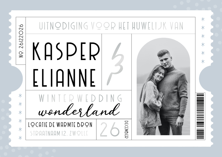 Uitnodiging trouwkaart winter wedding ticket blauw - Trouwkaarten Trouwkaarten - Uitnodiging trouwkaart winter wedding ticket blauw