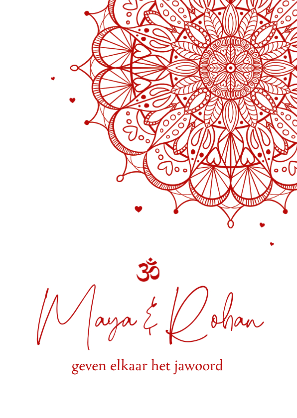 Trouwkaarten - Uitnodigingskaart hindoestaans rood mandala hartjes bruiloft