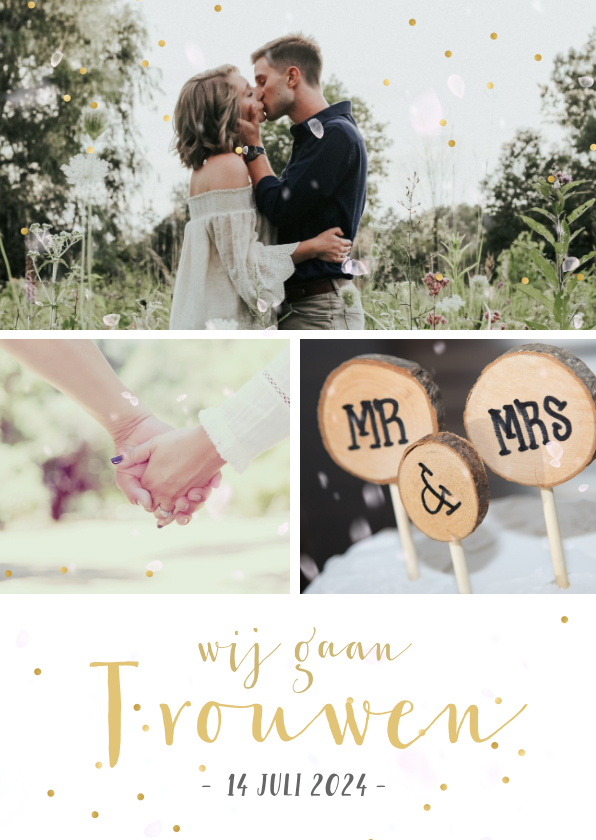 Trouwkaarten - Uitnodigingskaart huwelijk fotocollage 3 foto's en confetti