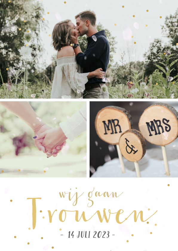 Uitnodigingskaart huwelijk fotocollage 3 foto's en confetti - Trouwkaarten Trouwkaarten - Uitnodigingskaart huwelijk fotocollage 3 foto's en confetti