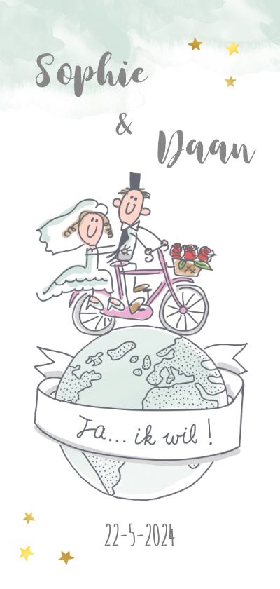 Uitnodigingskaart huwelijksfeest met bruidspaar op fiets