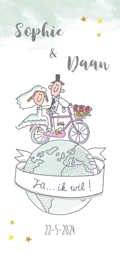 Uitnodigingskaart huwelijksfeest met bruidspaar op fiets - Trouwkaarten Trouwkaarten - Uitnodigingskaart huwelijksfeest met bruidspaar op fiets