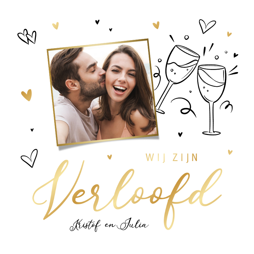 Verloofd kaart doodle goud foto ringen champagne Verloofd kaart doodle goud foto ringen champagne