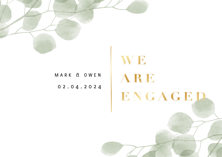 Verlovingskaart waterverf eucalyptus gouden 'we are engaged' - Trouwkaarten Trouwkaarten - Verlovingskaart waterverf eucalyptus gouden 'we are engaged'