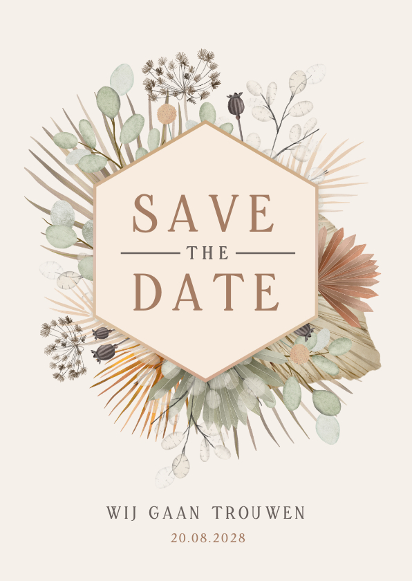 Vintage bohemian Save the Date kaart met droogbloemen - Trouwkaarten Trouwkaarten - Vintage bohemian Save the Date kaart met droogbloemen