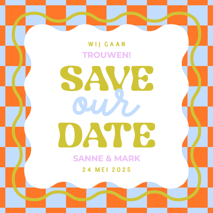 Vrolijk gekleurde save the date kaart met wave en blokjes - Trouwkaarten Trouwkaarten - Vrolijk gekleurde save the date kaart met wave en blokjes