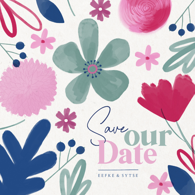 Vrolijke Save Our Date kaart zomerse bloemen - Trouwkaarten Trouwkaarten - Vrolijke Save Our Date kaart zomerse bloemen