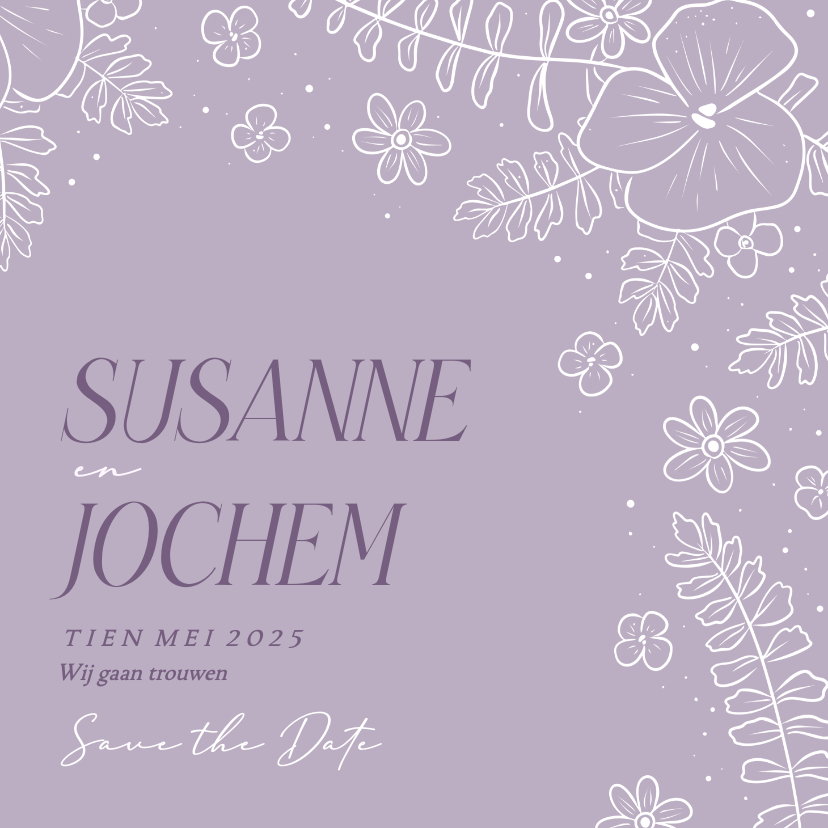 Vrolijke save the date kaart met bloemenkader in lila - Trouwkaarten Trouwkaarten - Vrolijke save the date kaart met bloemenkader in lila