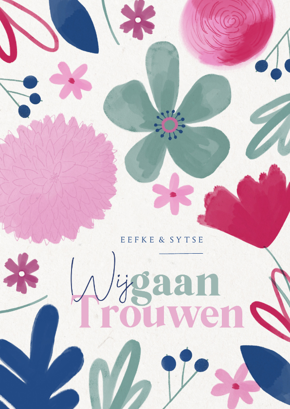 Vrolijke trouwkaart zomerse bloemen Uitnodiging - Trouwkaarten Trouwkaarten - Vrolijke trouwkaart zomerse bloemen Uitnodiging
